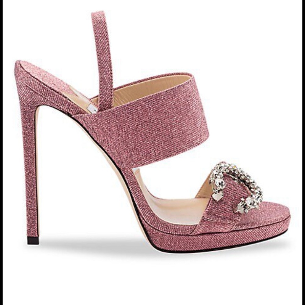 Jimmy Choo Saphie 120MM Pink Glitter Heel Sandals Crystal Buckle 40 8.5 or 9